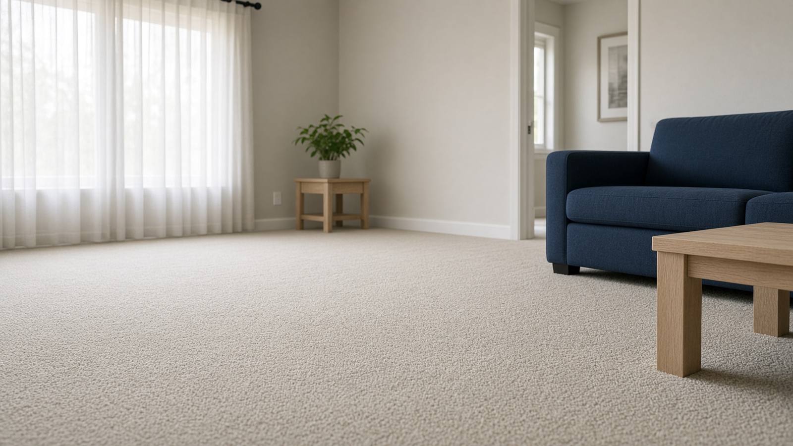 A bright living room with freshly cleaned beige carpet